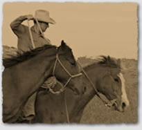 Close-up image of Joel leading another horse while riding.